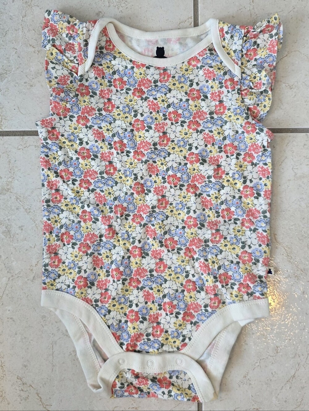 Floral Flutter-Sleeve Baby One-Piece - White with Pink, Yellow & Blue Flowers